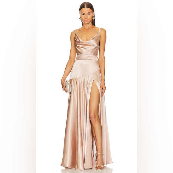 Bronx and Banco Dresses & Skirts - Bronx and Banco Blush Satin Cowl Neck Gown with High Slit